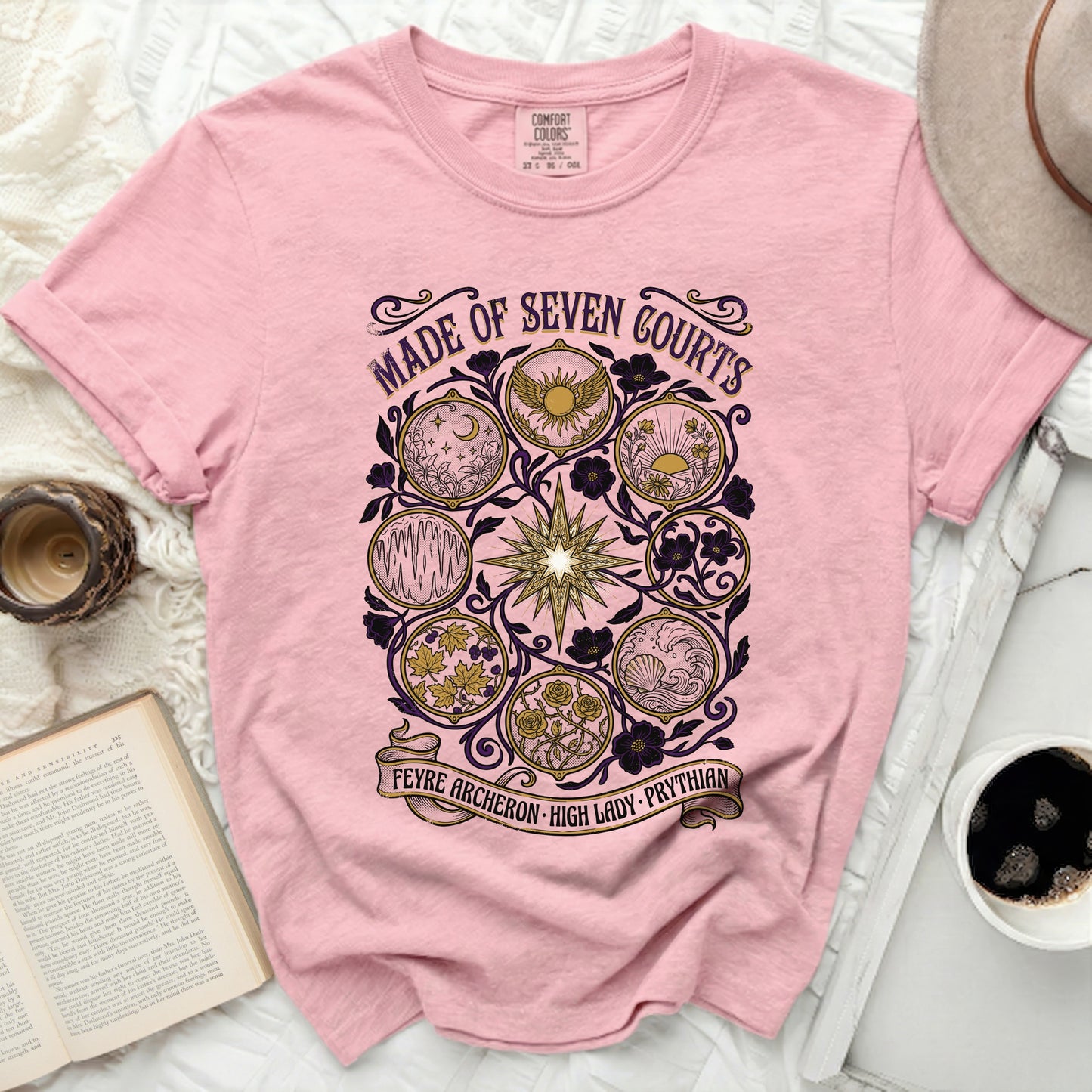Pink t-shirt with "Made of Seven Courts" and Feyre Archerson High Lady Prythian design.