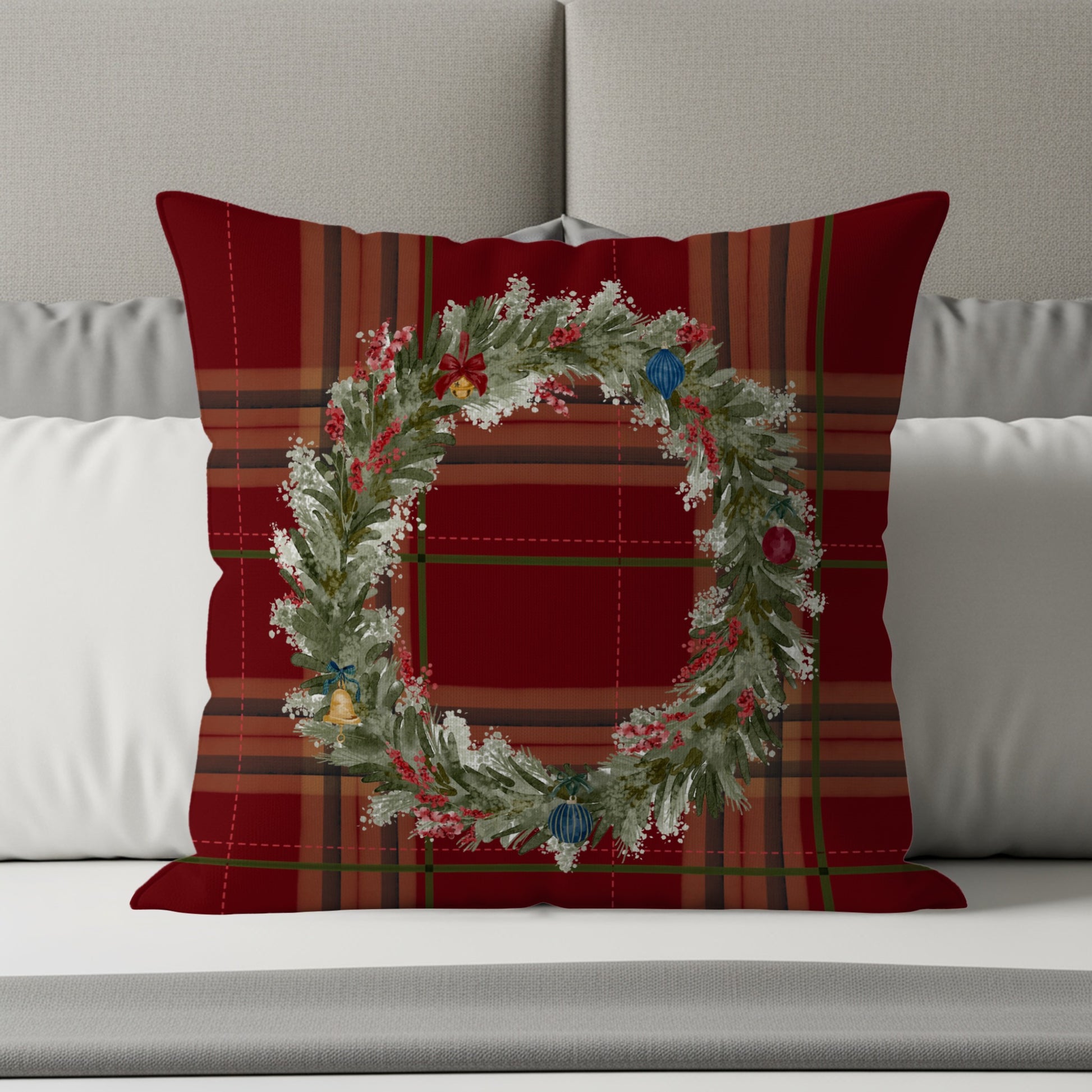 Festive Holiday Wreath Design Plaid Pillow Cover