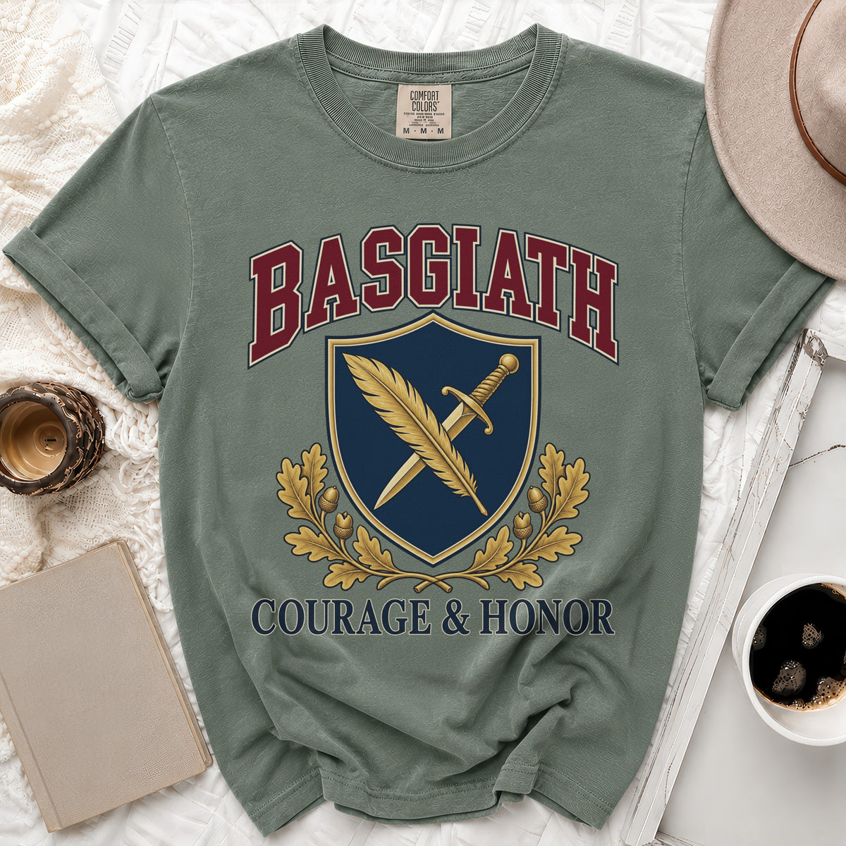 Sage t-shirt with "BASGIATH COURAGE & HONOR" text and a shield emblem.