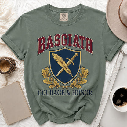 Sage t-shirt with "BASGIATH COURAGE & HONOR" text and a shield emblem.