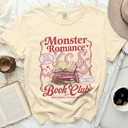 Cream t-shirt with "Monster Romance Book Club" graphic and tentacles.