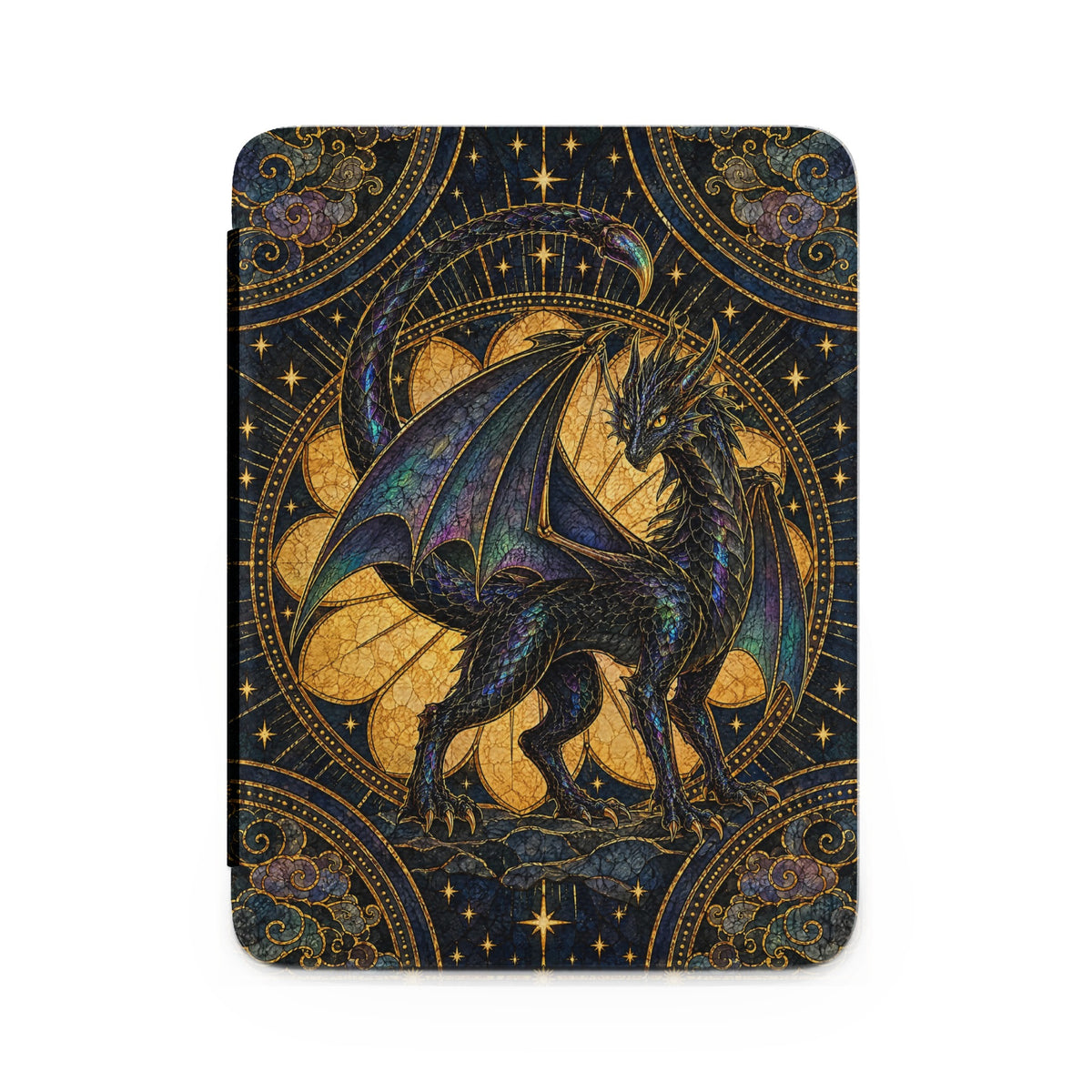 An e-reader case featuring an intricate fantasy dragon illustration in gold and dark blue tones.