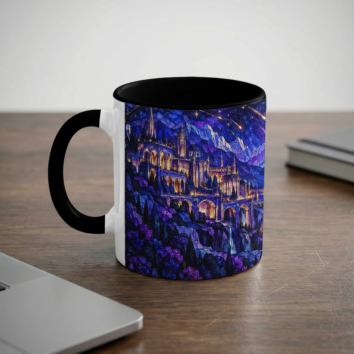 White coffee mug with a black handle and rim, featuring a stained glass style fantasy castle illustration.