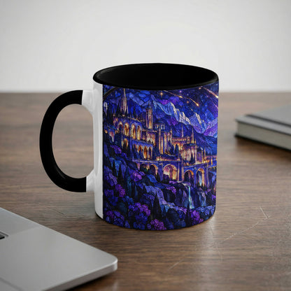 White coffee mug with a black handle and rim, featuring a stained glass style fantasy castle illustration.