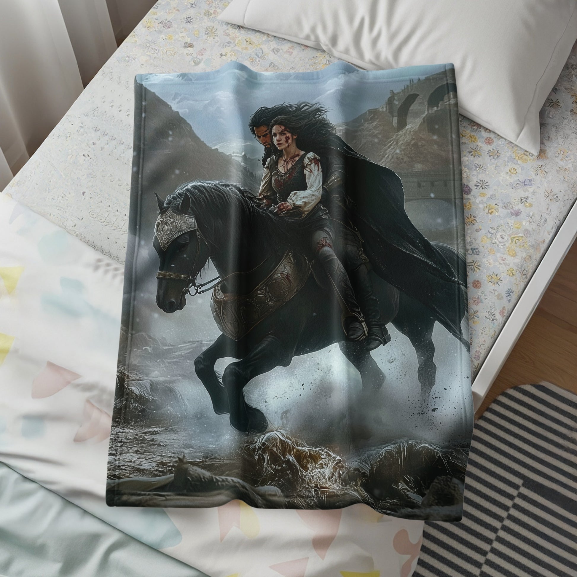 Brave Warriors Riding Black Horse Fantasy Blanket