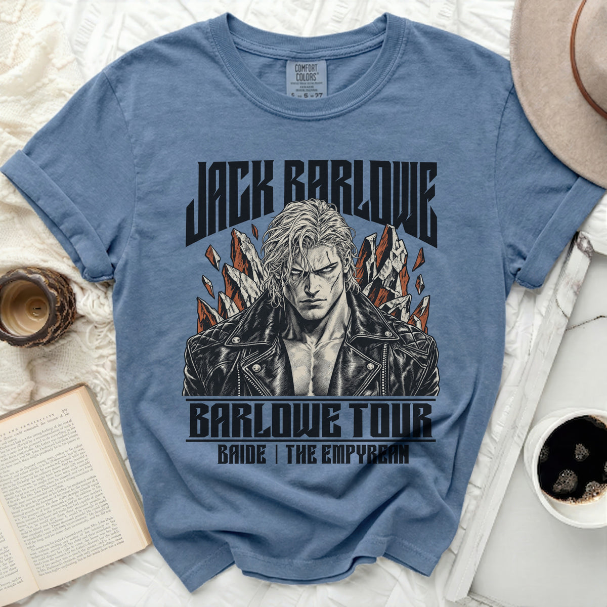 Jack Barlowe tour t-shirt with a graphic of a man in a leather jacket.