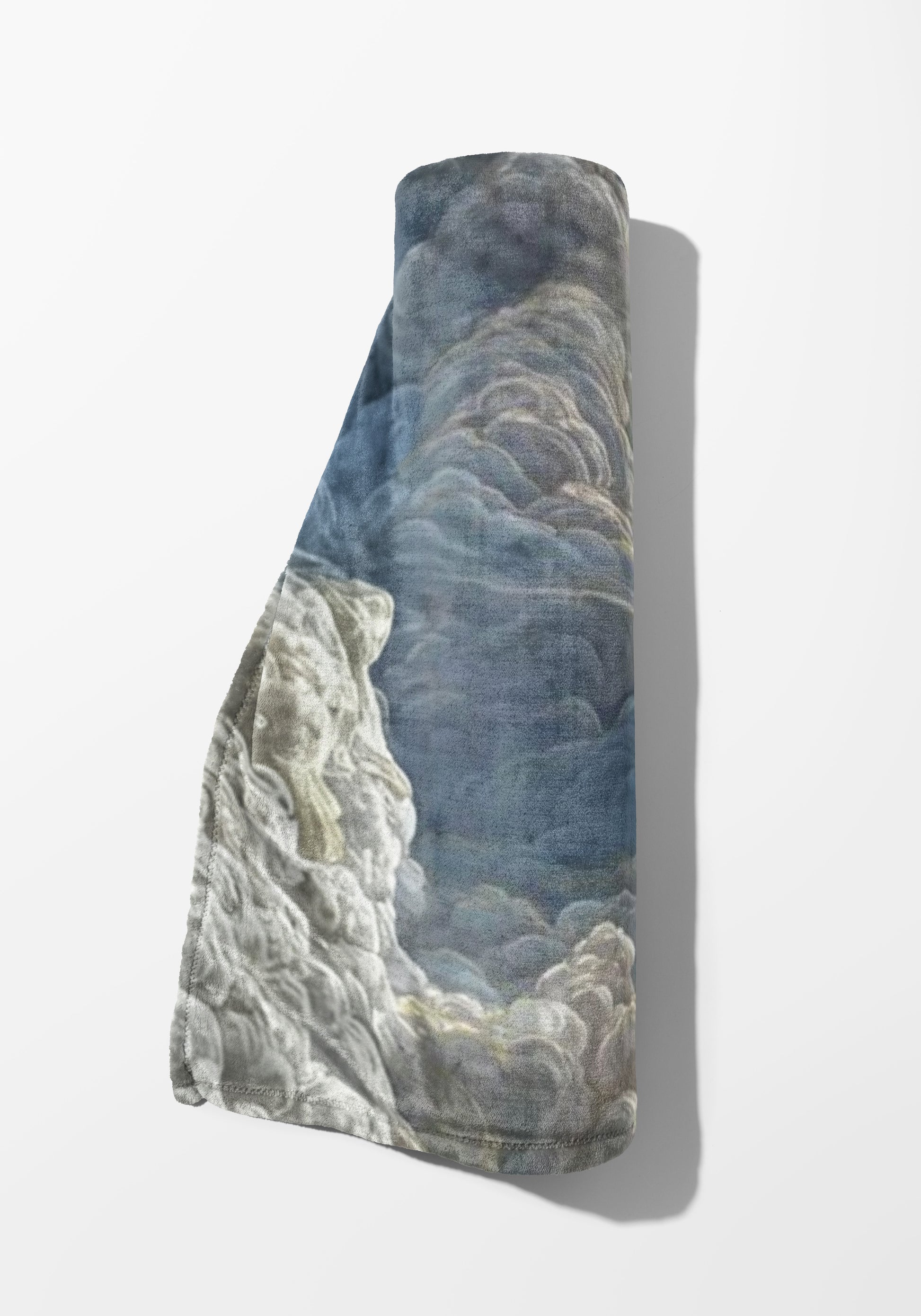 Rolled fabric with a detailed cloud pattern in blue and grey tones.