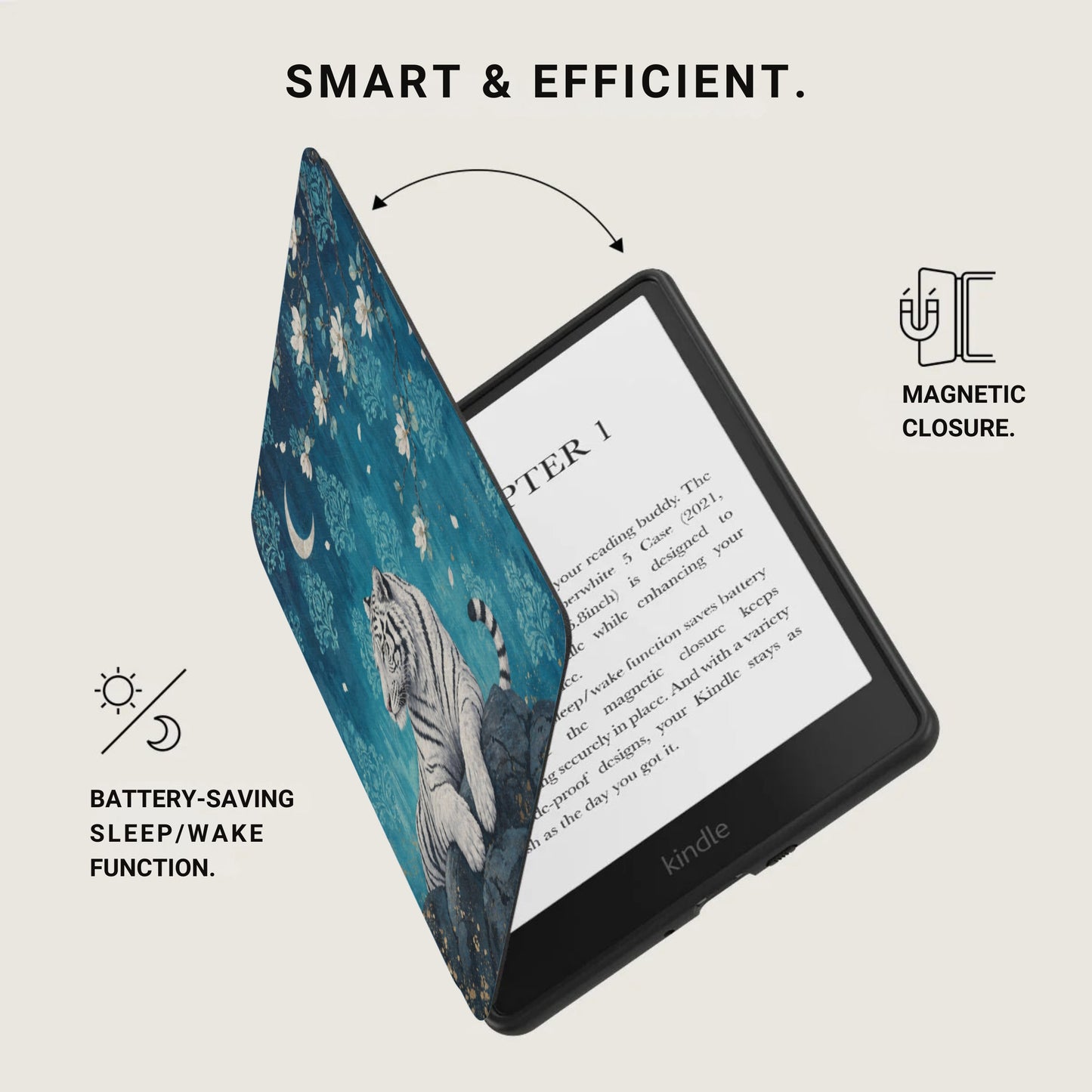 Kindle e-reader with tiger print case, magnetic closure, and battery-saving function.