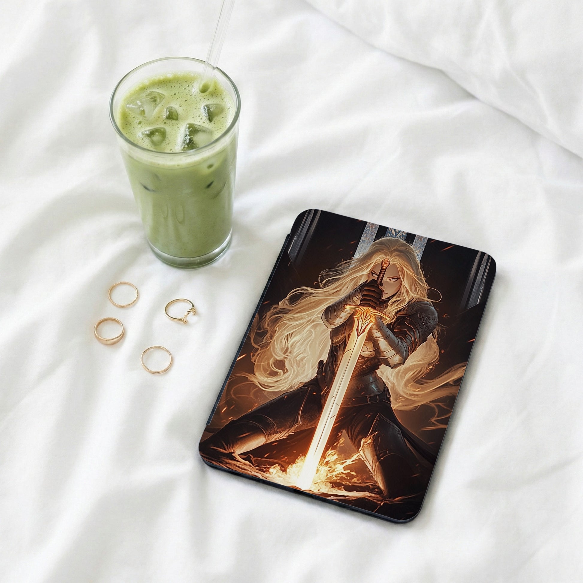 Blonde Warrior Glowing Fiery Sword Armor Clad Fantasy Art product type