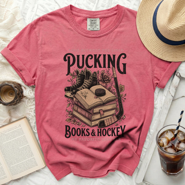 Pucking Books & Hockey Tee in Crunchberry