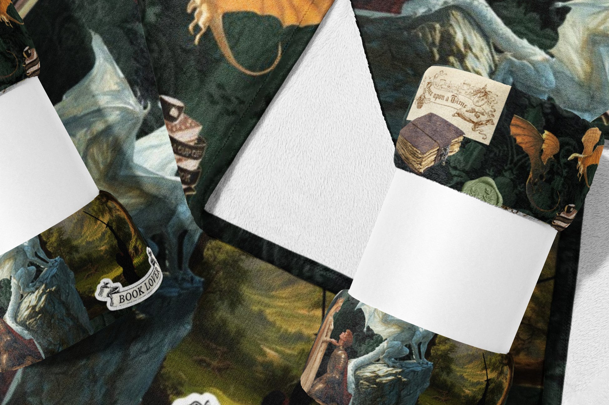 Fantasy art blanket with dragons, books, and "Book Lover" text.