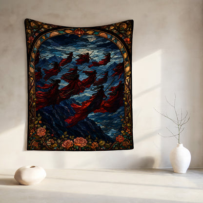 Tapestry showing figures in red cloaks flying through a stained-glass mountain landscape.