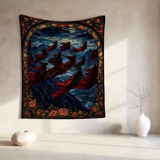 Tapestry showing figures in red cloaks flying through a stained-glass mountain landscape.