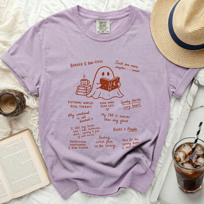 Comfort Colors ghost reading book purple t-shirt with bookish quotes.