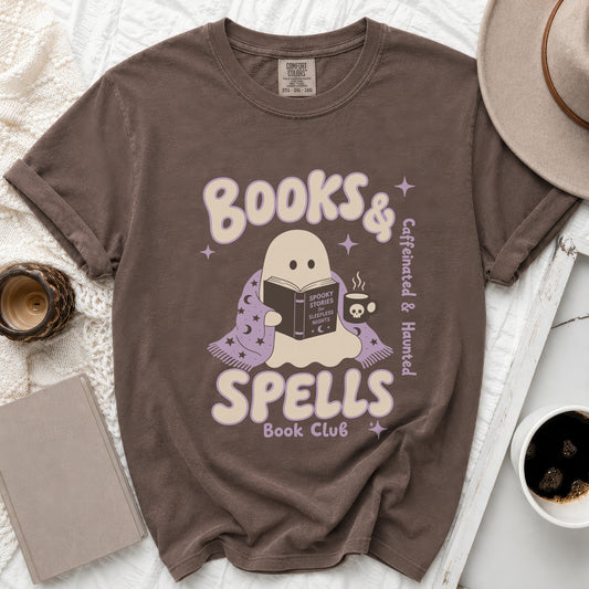 T-shirt with ghost reading "Spooky Stories" and "Books & Spells Book Club" text.