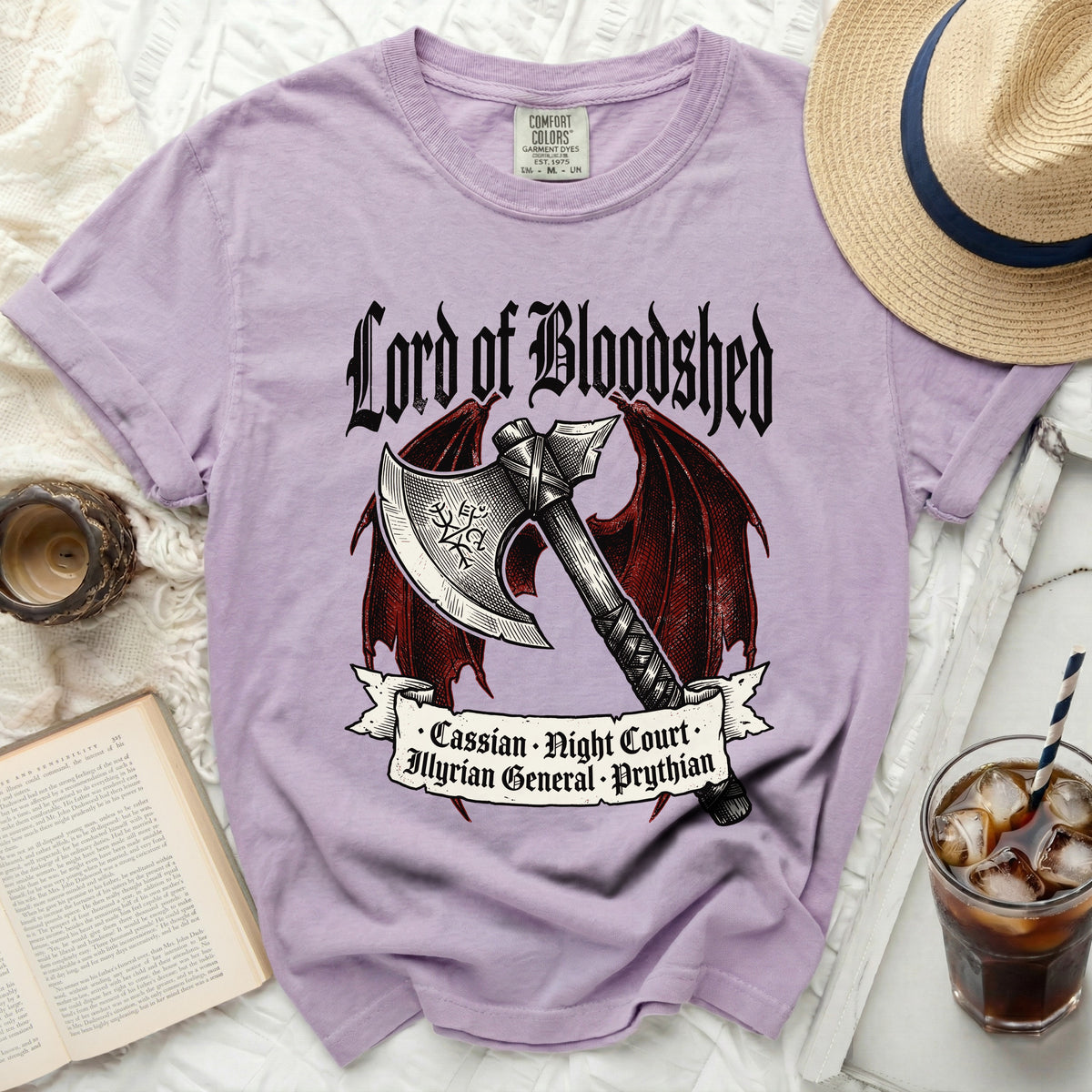 Lilac t-shirt with "Lord of Bloodshed Cassian Night Court" graphic.