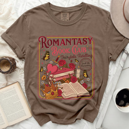 Romantasy Book Club, fairytales, crowns, and swords graphic t-shirt.