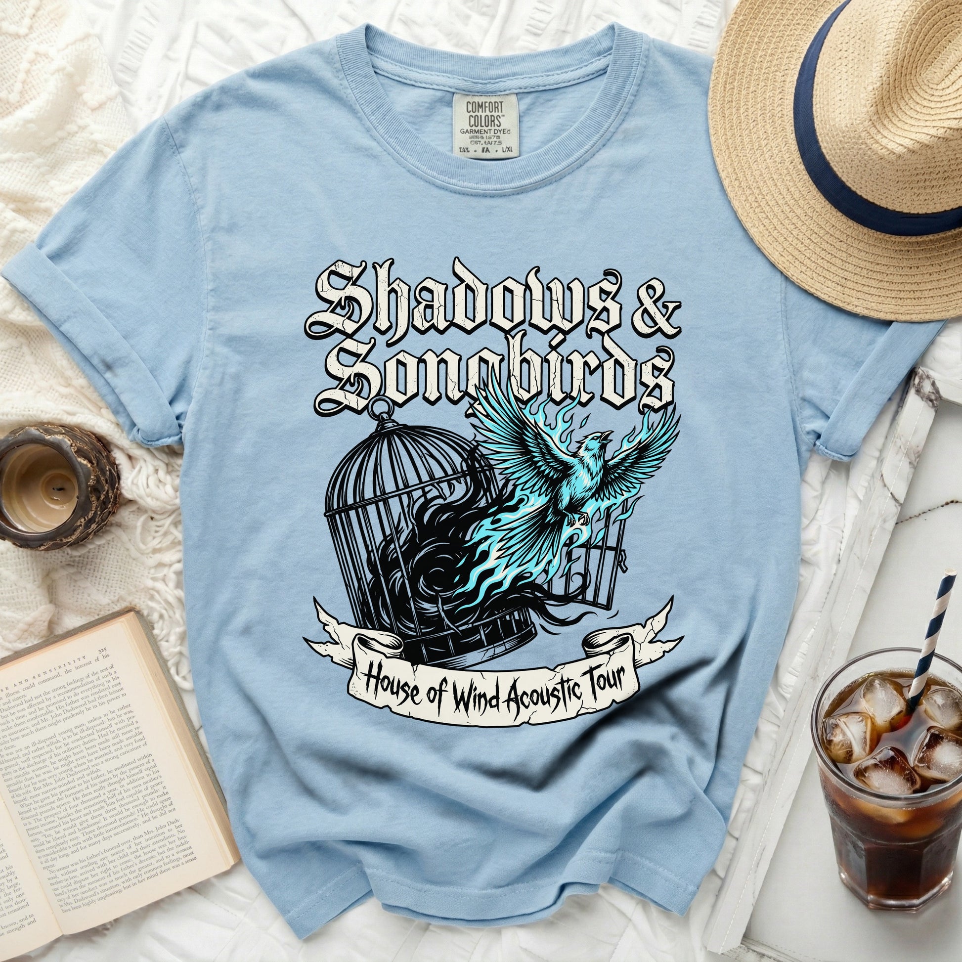 Light blue t-shirt with graphic of a bird of prey and cage for "Shadows & Songbirds House of Wind Acoustic Tour".