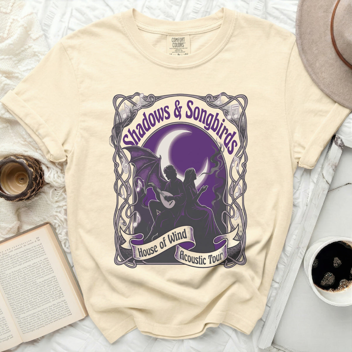 Cream t-shirt with "Shadows & Songbirds House of Wind Acoustic Tour" graphic.