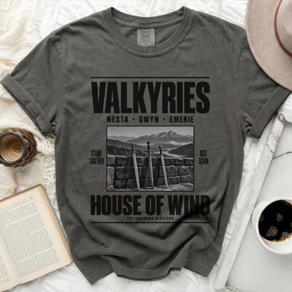 Grey t-shirt with "VALKYRIES" text, character names, and sword graphic.