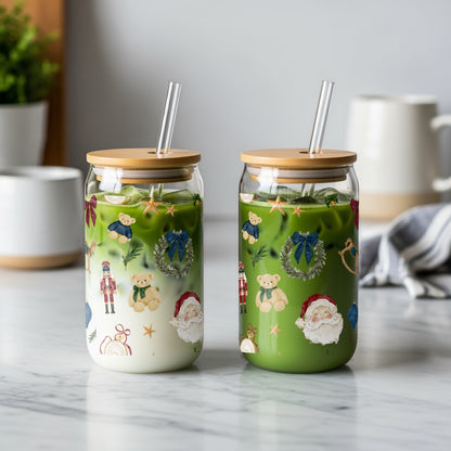 Christmas Holiday Themed Glass Cups with Straw