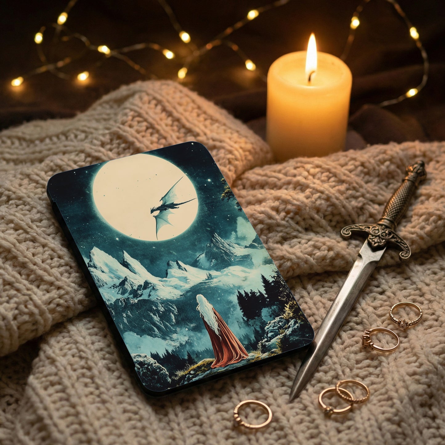 Moonlit Dragon Snowy Peaks Cloaked Woman Art product type