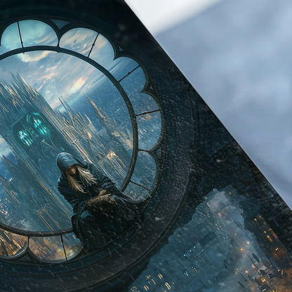 Blonde hooded person gothic window fantasy city product type