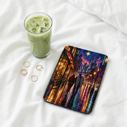 Tablet case featuring an angel couple walking in a vibrant, stained-glass city at night.