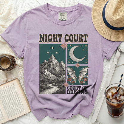Purple t-shirt with "NIGHT COURT COURT OF DREAMS" graphic.