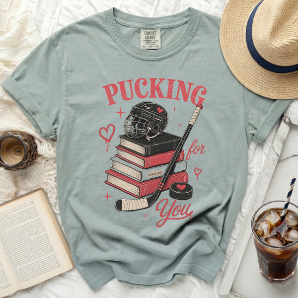 Pucking For You Hockey Romance Tee in Bay