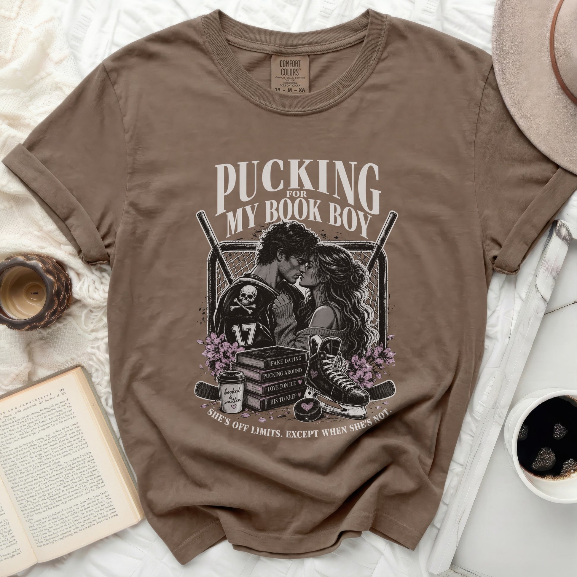 Brown t-shirt with "Pucking For My Book Boy" graphic and hockey theme.