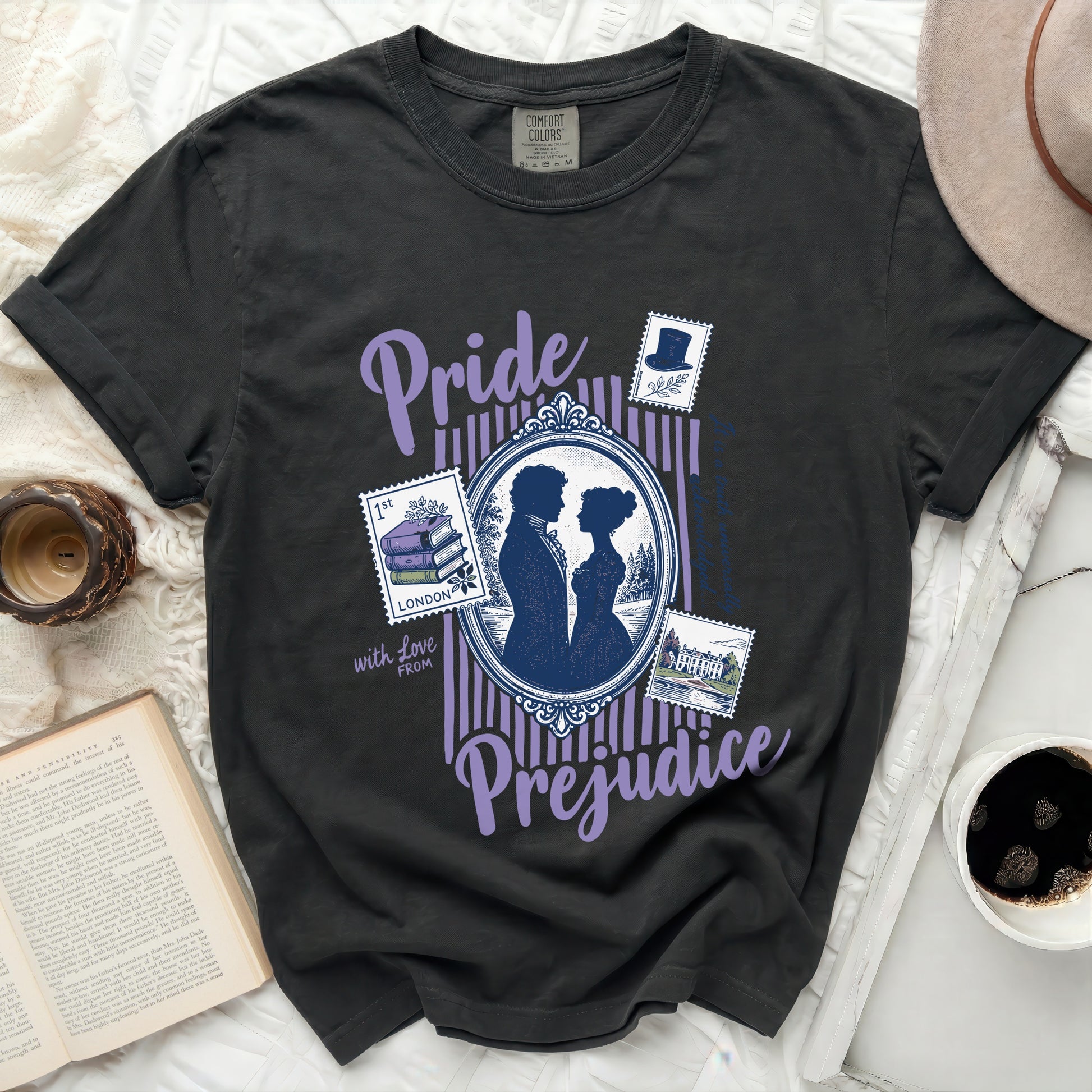 Black Comfort Colors t-shirt with Pride and Prejudice graphic.