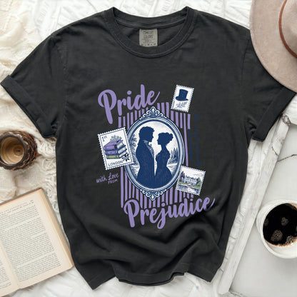 Black Comfort Colors t-shirt with Pride and Prejudice graphic.