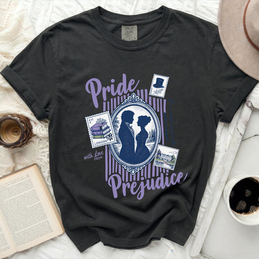 Black Comfort Colors t-shirt with Pride and Prejudice graphic.