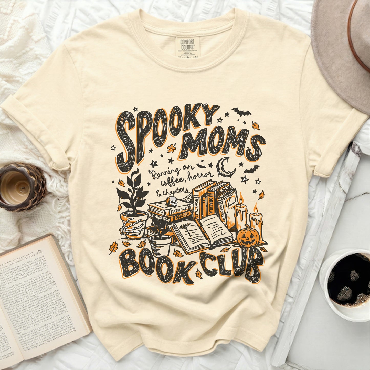 Cream t-shirt with "Spooky Moms" and "Book Club" graphic.