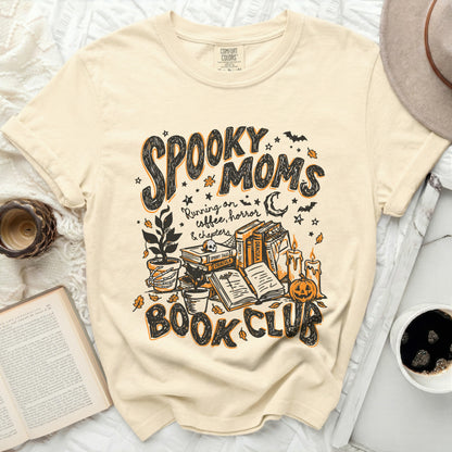 Cream t-shirt with "Spooky Moms" and "Book Club" graphic.