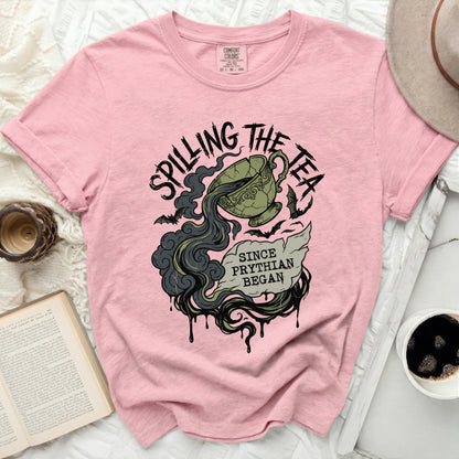 Pink t-shirt with "Spilling the Tea Since Phyrian Began" graphic.