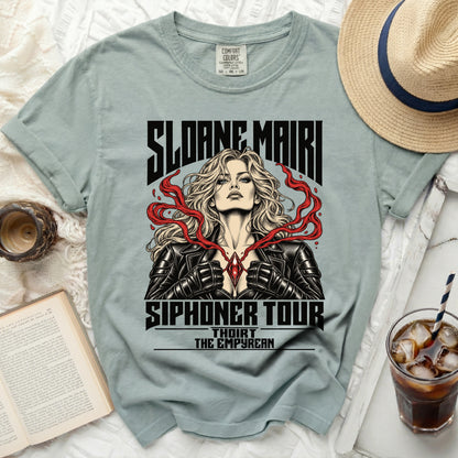 Shirt with Sloane Mairi Siphoner Tour graphic featuring a woman with flowing red energy.