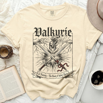 Valkyrie shirt with crossed swords, helmet, lightning, and text.