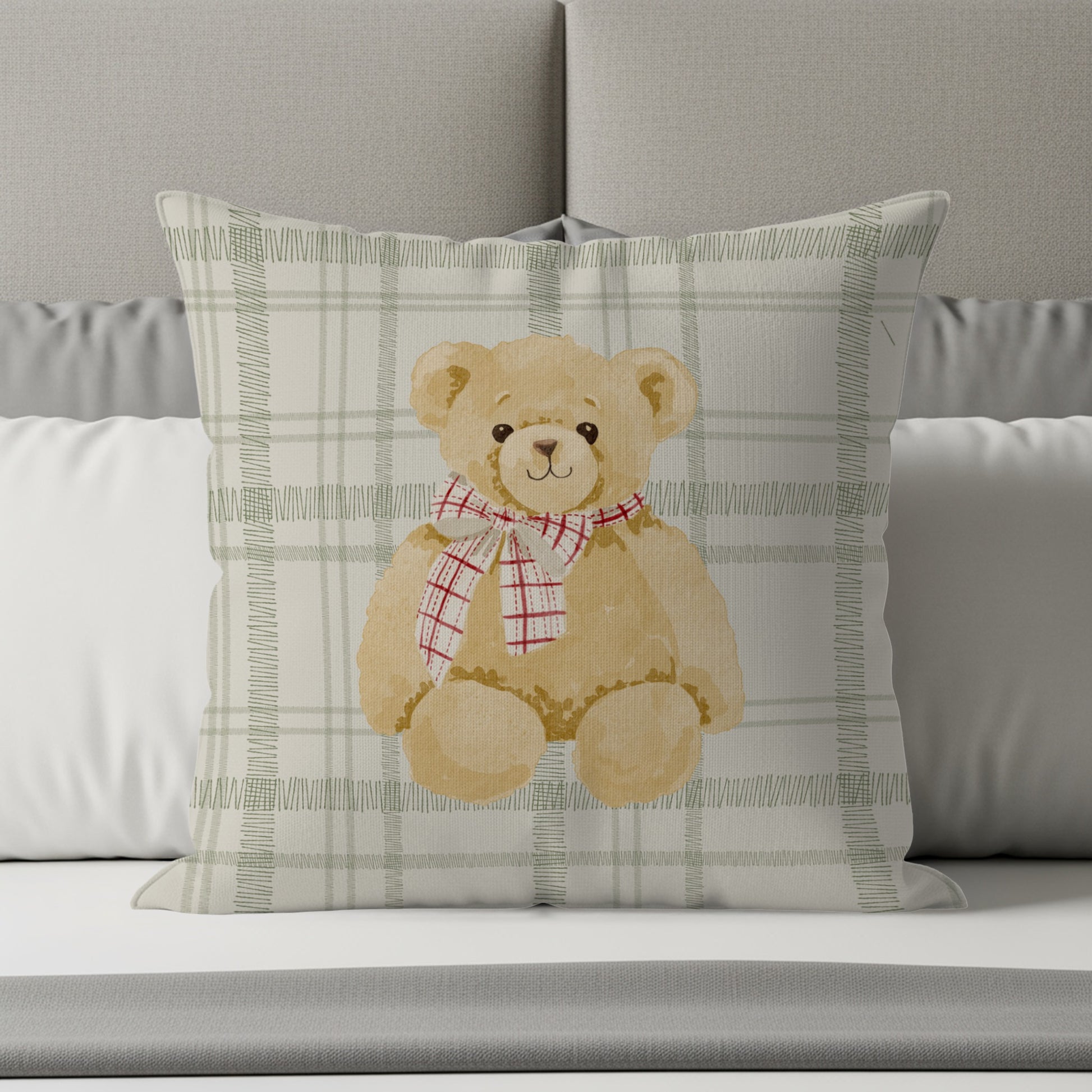 Adorable Teddy Bear Cushion with Plaid Design Pillow
