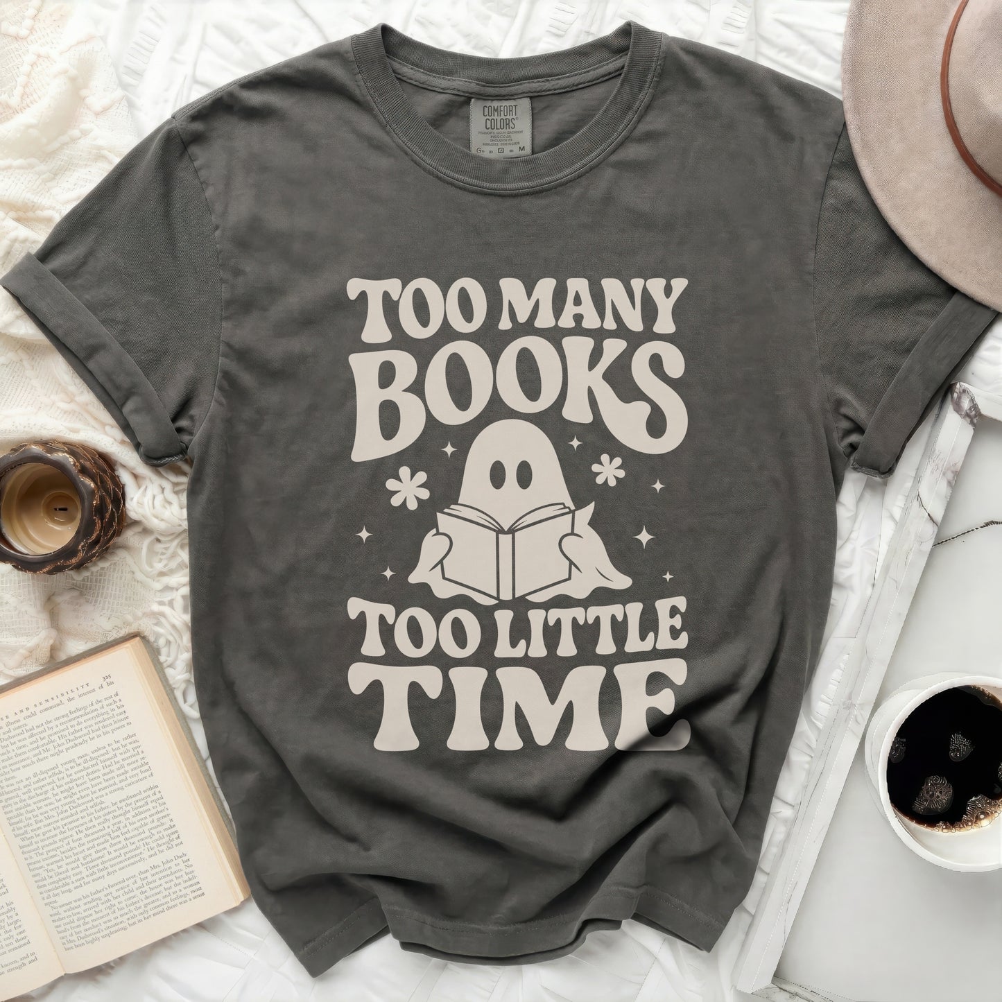 Ghost reading book humor graphic tee for book lovers.