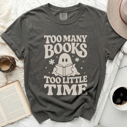 Ghost reading book humor graphic tee for book lovers.