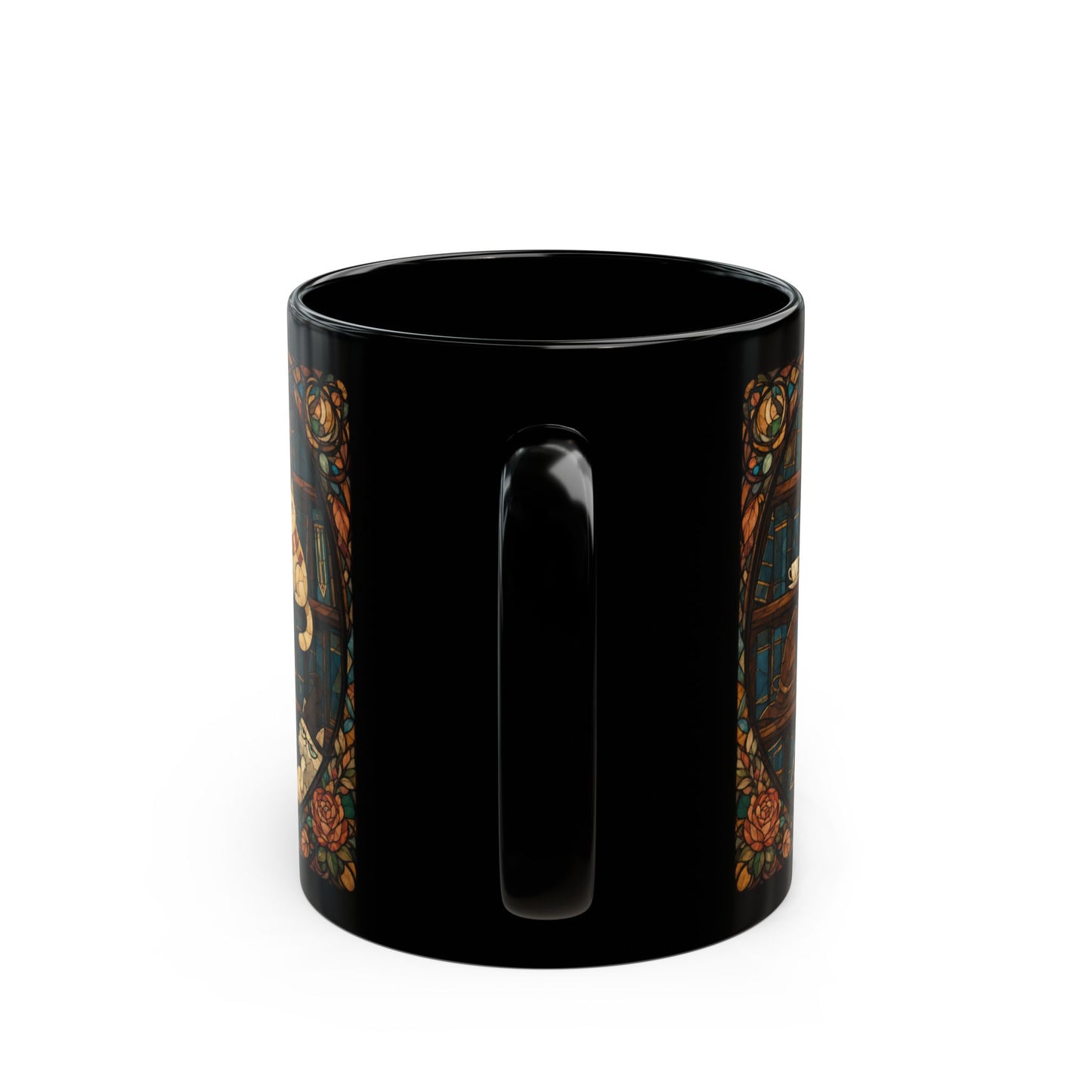 Black mug featuring a stained glass design with roses and a window scene.