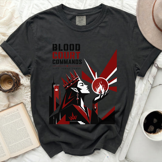 Black t-shirt with "Blood Court Commands" graphic featuring a crowned woman.