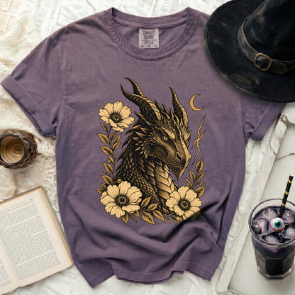 Purple Comfort Colors t-shirt with dragon and flowers graphic.
