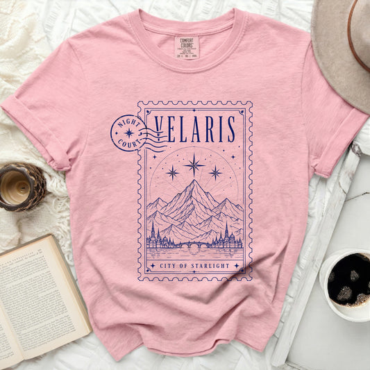 Pink t-shirt with "Velaris City of Starlight" and Night Court postage stamp design.