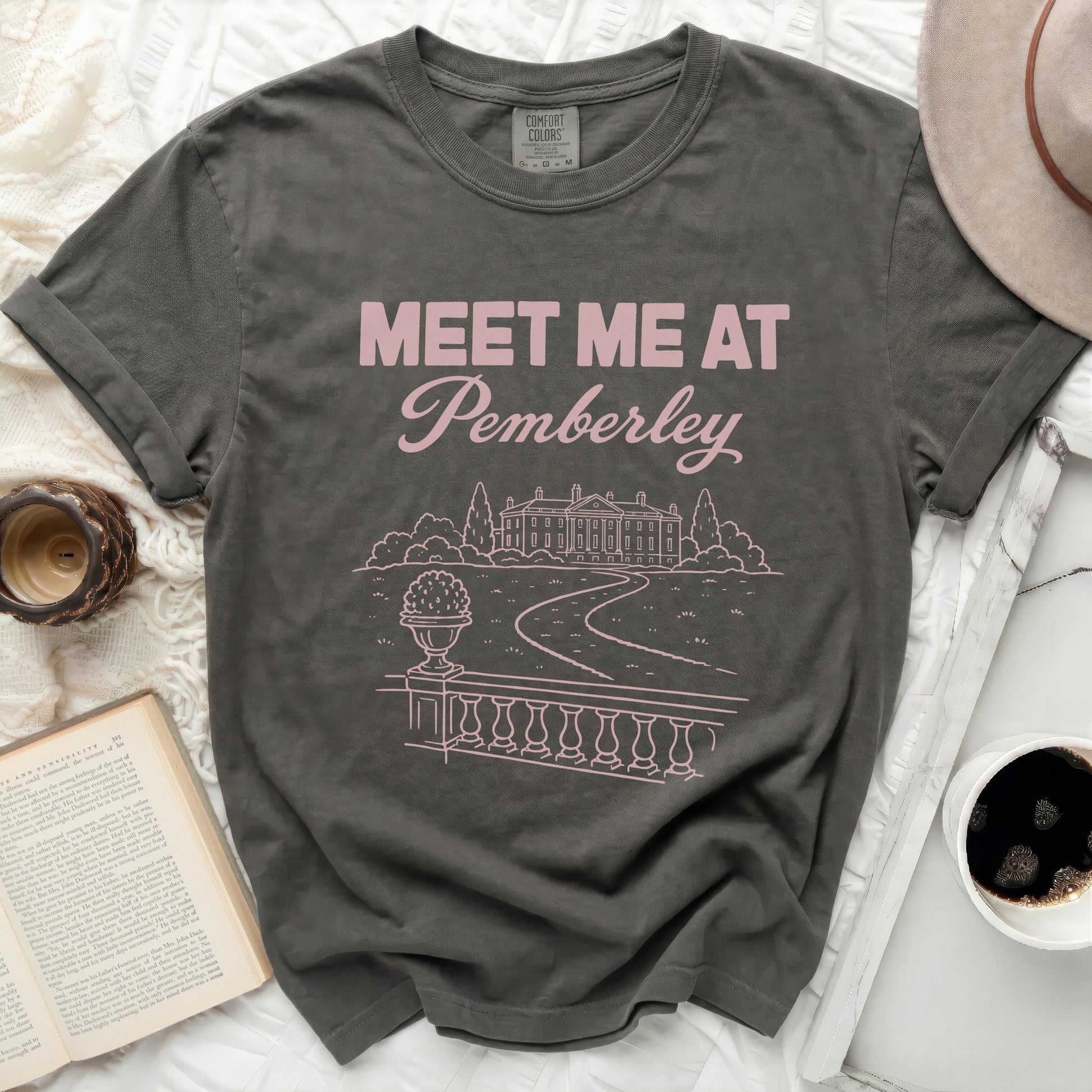 Comfort Colors t-shirt, "Meet Me at Pemberley" graphic with a mansion sketch.