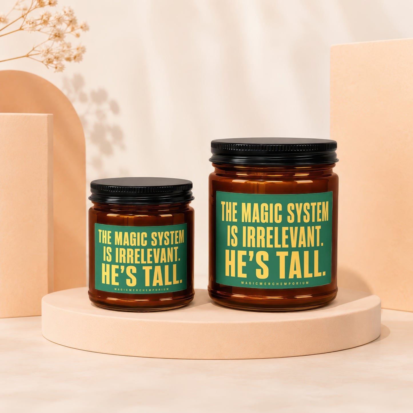 Two glass jars with green labels reading "The magic system is irrelevant. He's tall."