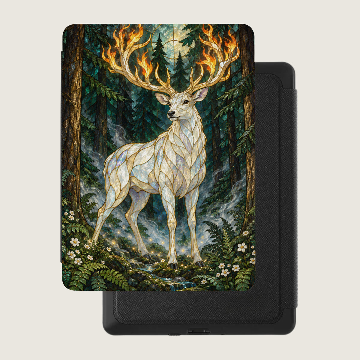 White stag with flaming antlers in a forest, stained glass style, on a black case.