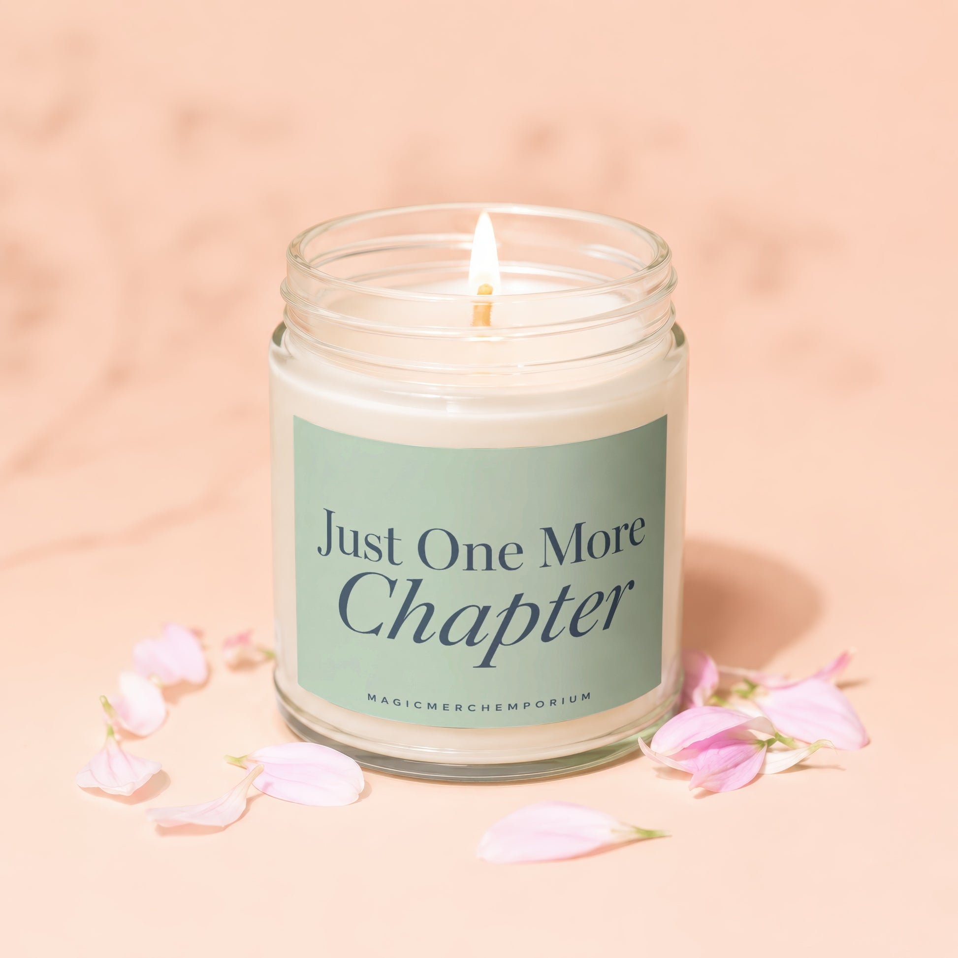 Candle with lit wick and "Just One More Chapter" text in a glass jar.